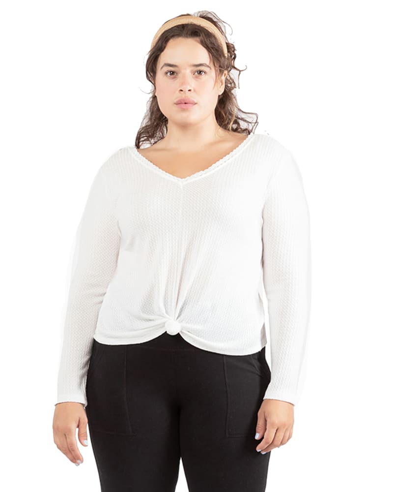 Plus size model wearing Cleo Lace Trim Knit Top by Dex Plus | Dia&Co | dia_product_style_image_id:183900